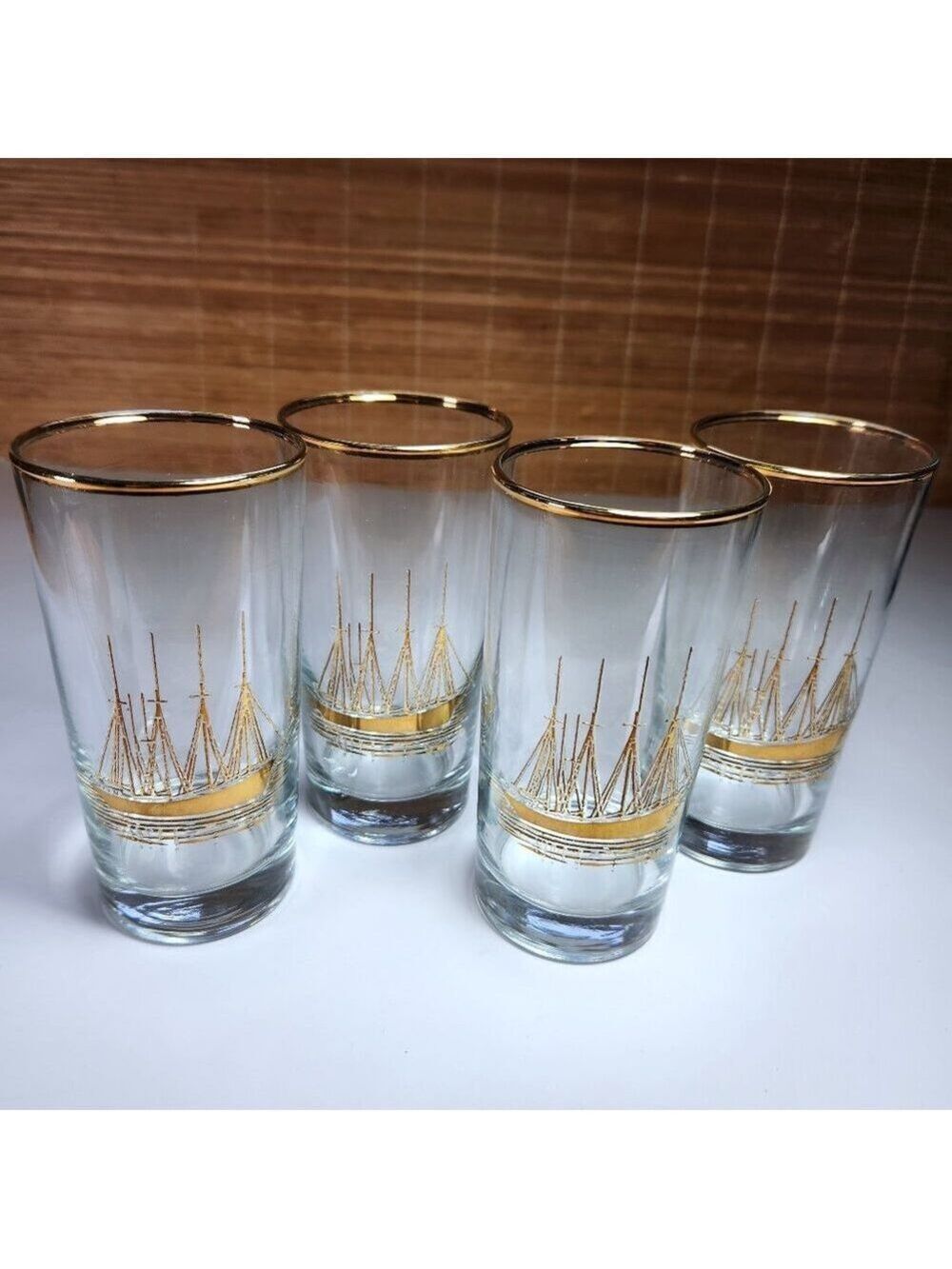 Vintage Gold Clipper Ship Highball Glasses Set of 4 • 12 oz Mid Century Barware